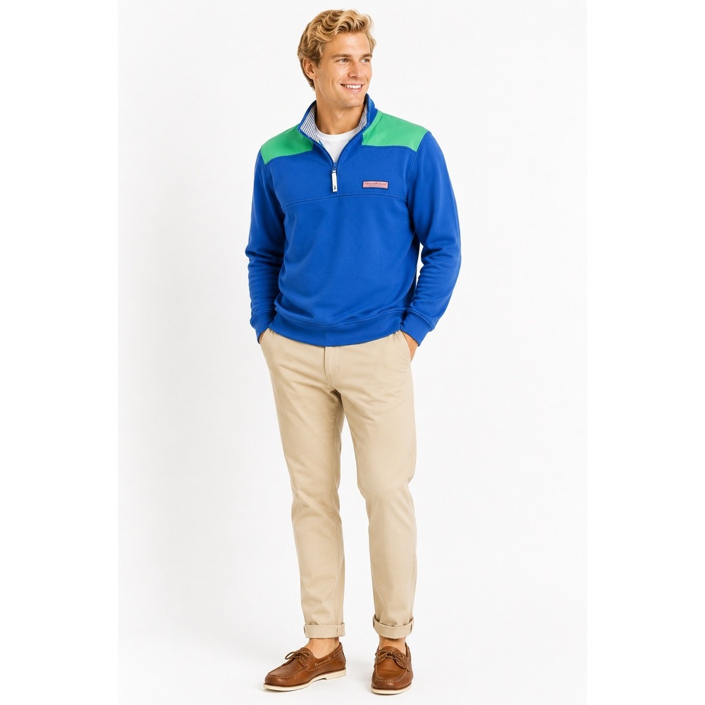 Vineyard Vines Pullover Men M Blue Green Colorblock Quarter Zip Cotton Sweater